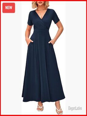 Summer Maxi Dress Short Sleeve Wrap V Neck Long Dress Pockets